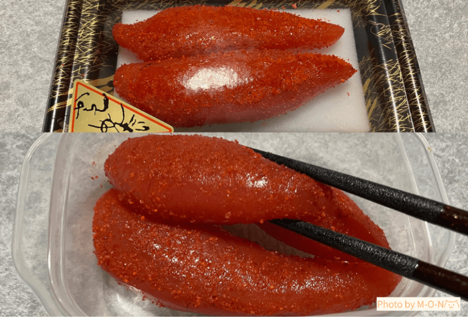 APホールディングス優待の塚田辛子明太子を解凍した状態とタッパーに移したところ