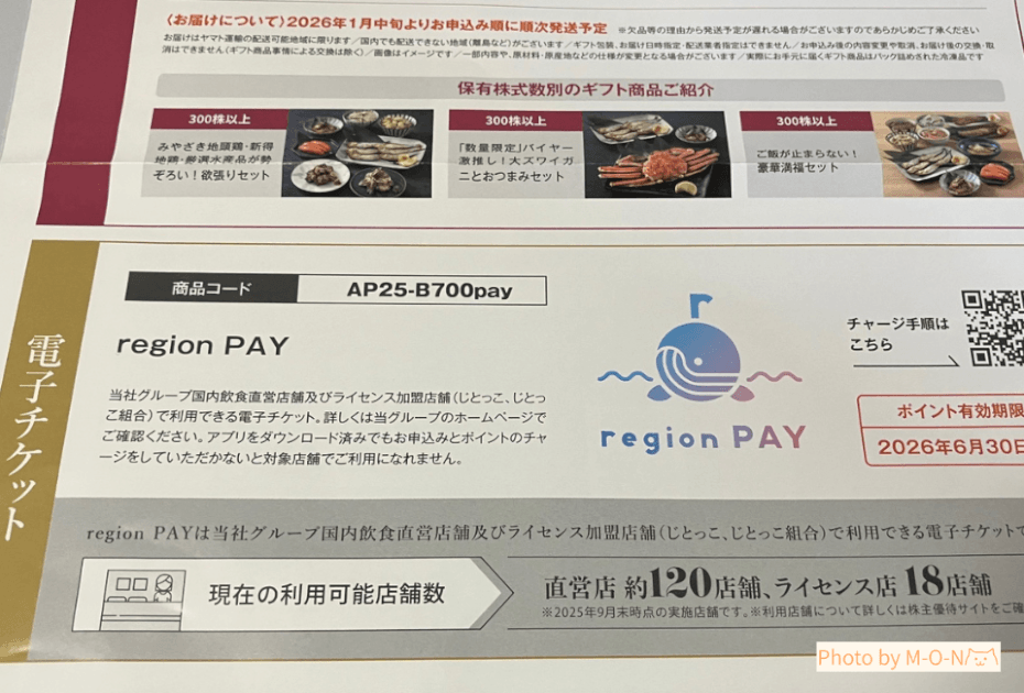 APホールディングス株主優待の電子チケットregion PAYの説明が載った案内紙