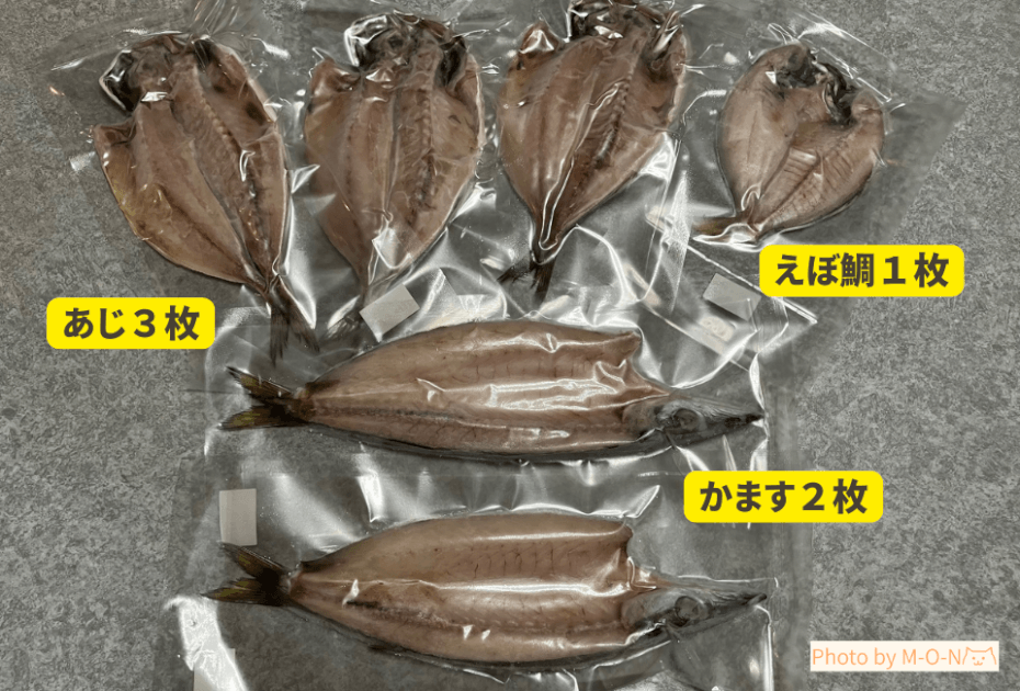 ヒューリック株主優待カタログで頼んだ釜鶴の干物詰合せを並べた全体写真