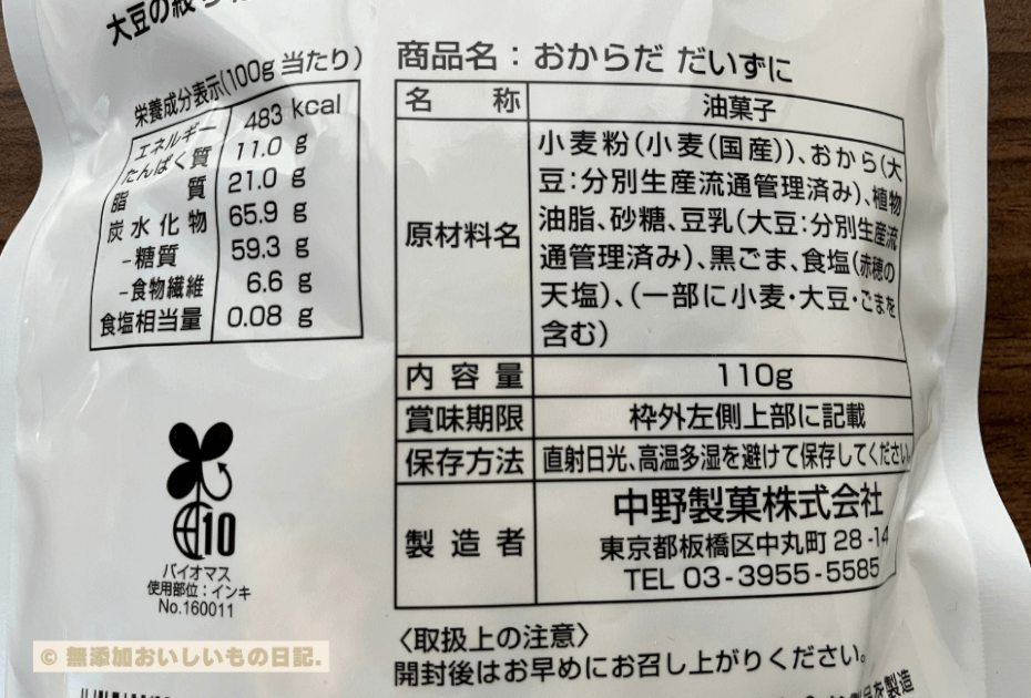 中野製菓　おからだだいずに　原材料